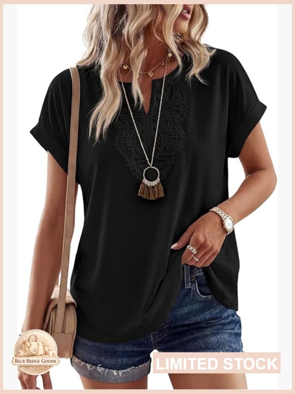 Lace Embroidered Boho Top V Neck Short Sleeve Loose Fit Casual Chic